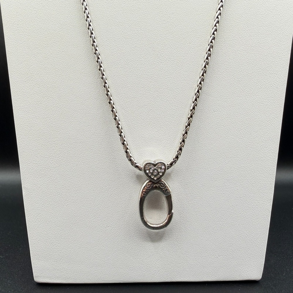 Brighton Silver Tone Rhinestone Heart Eyeglass Holder Necklace Long Chain 32in